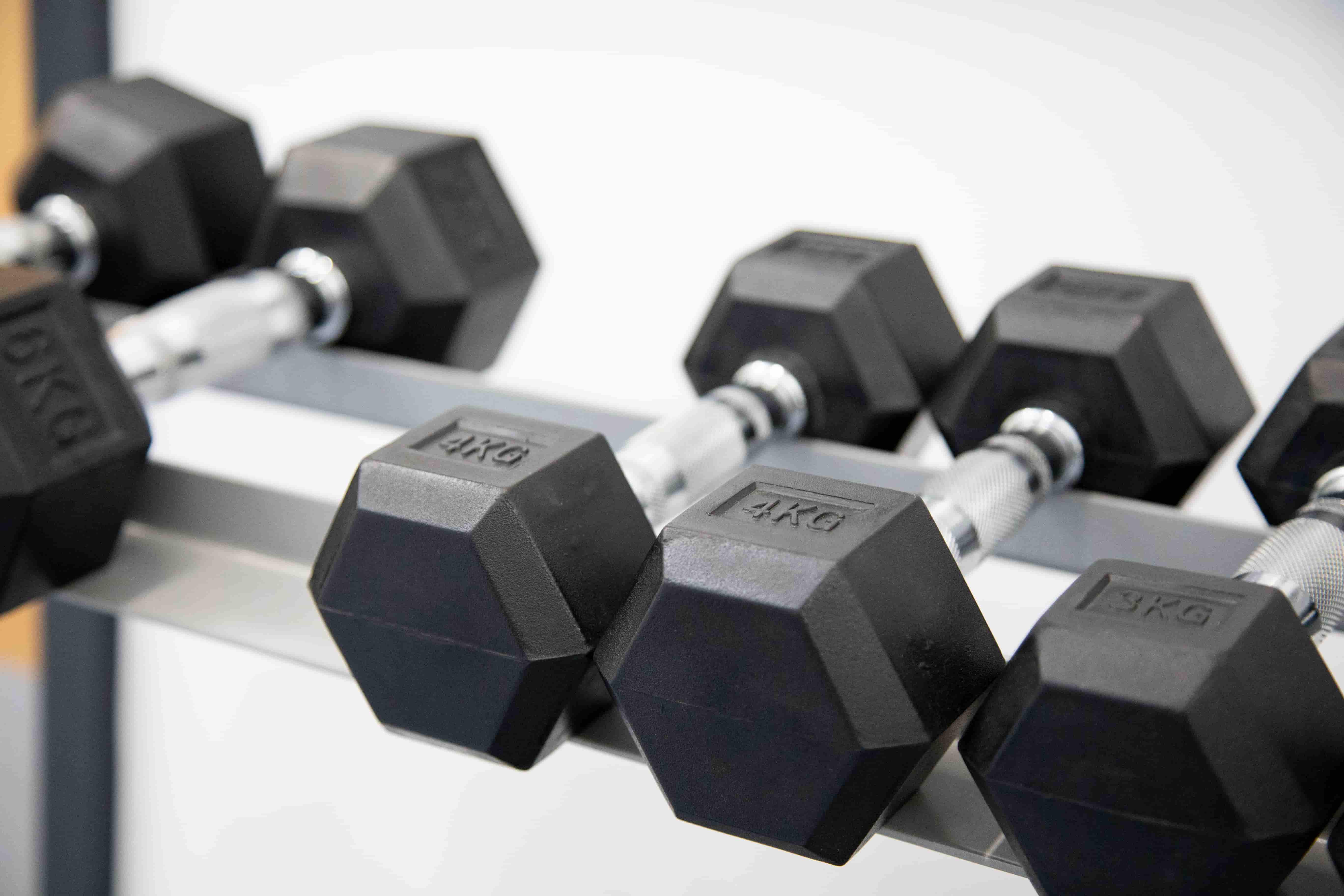 Black dumbbells on rack used for physio exercises